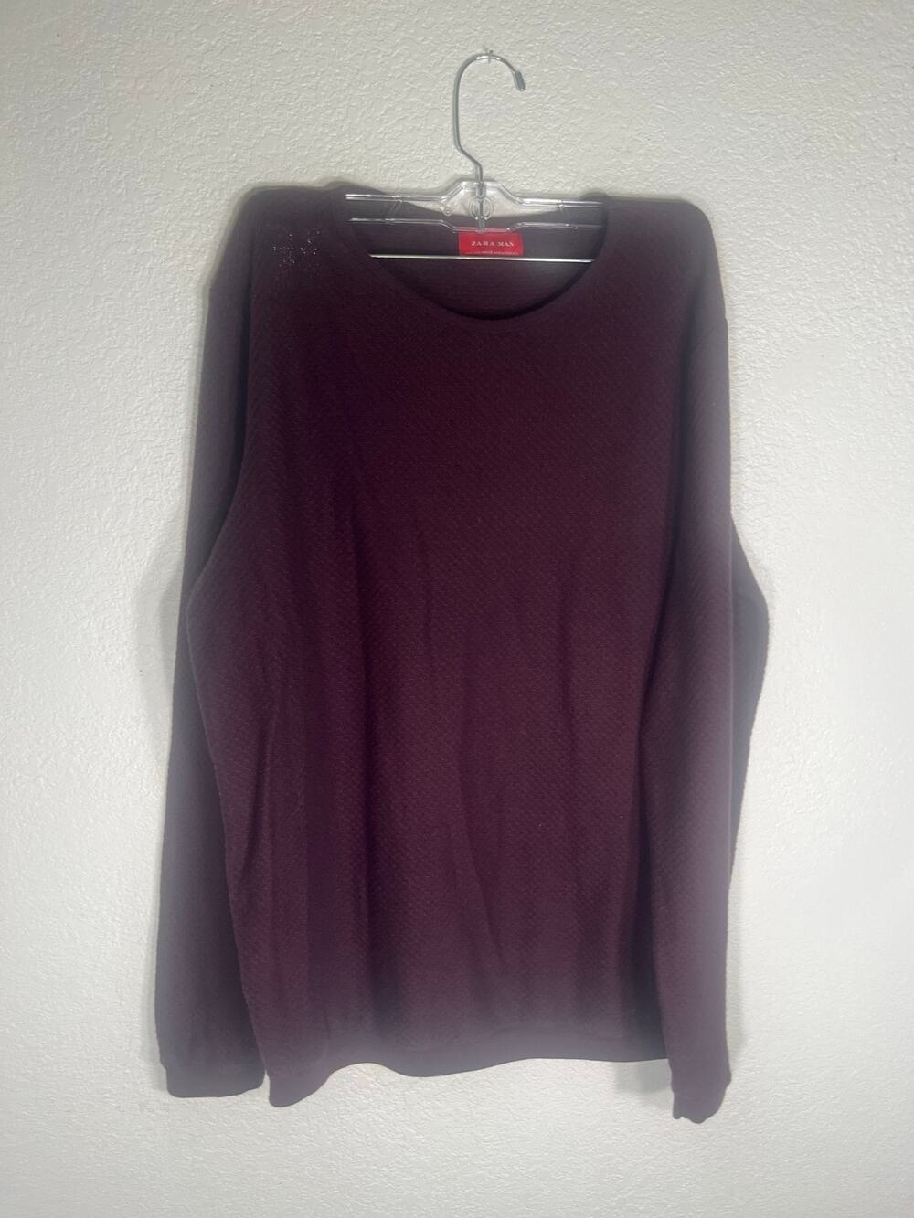 Zara Man Open Weave Waffle Knit Crewneck Sweater-Plum Maroon Light Pullover-Sz L